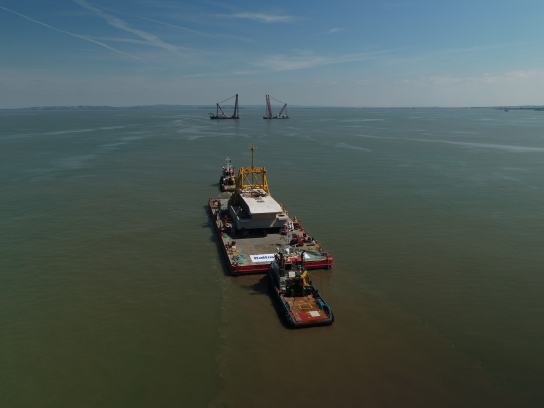 One of Hinkley Point C’s intake heads as it is towed into the Bristol Channel to join “Gulliver” and “Rambiz”. These floating cranes are the size of football pitches and have a combined lifting capacity of 7,300-tonnes.